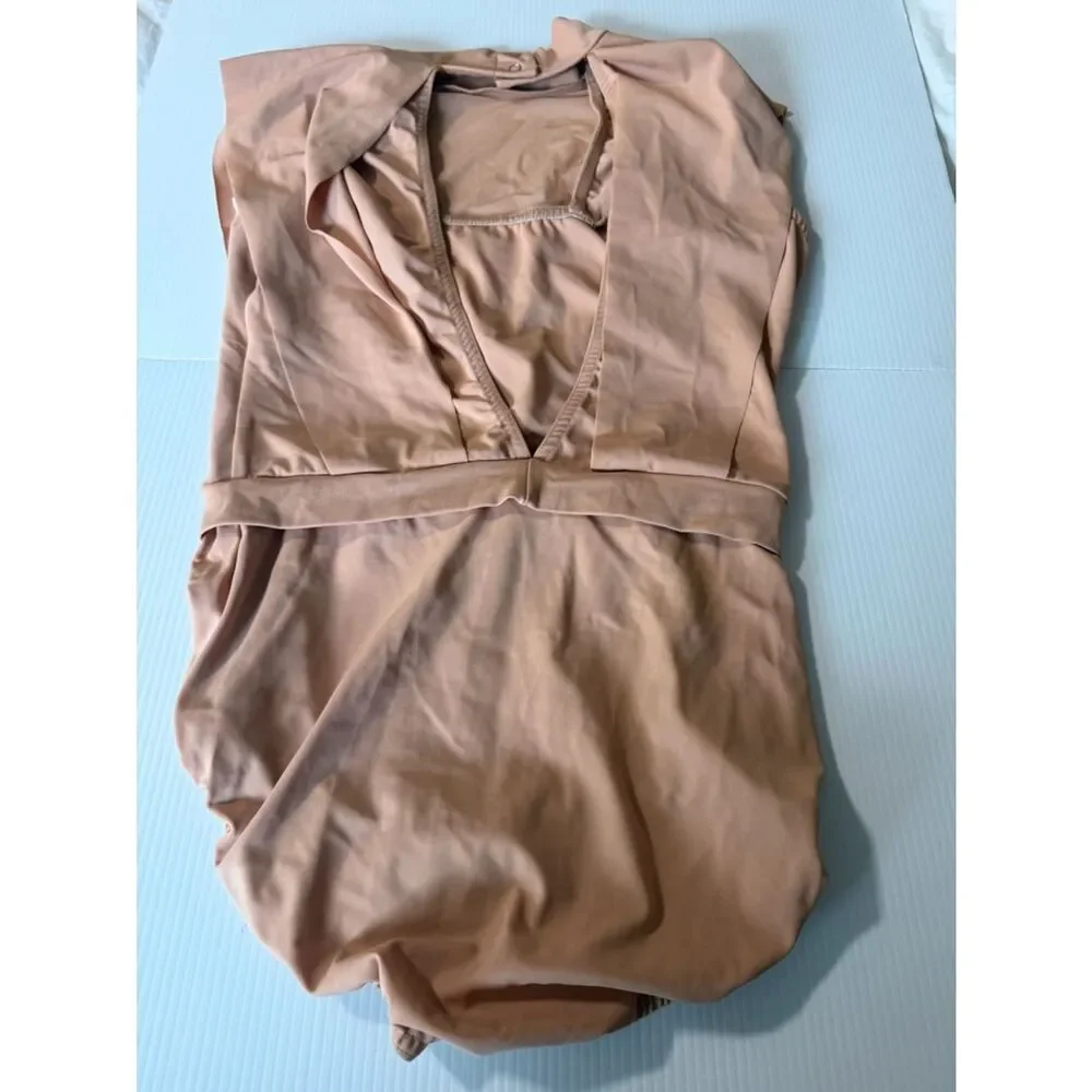 Kelle solo dance costume tan blush pink chasing clouds 2 piece leotard shorts MA